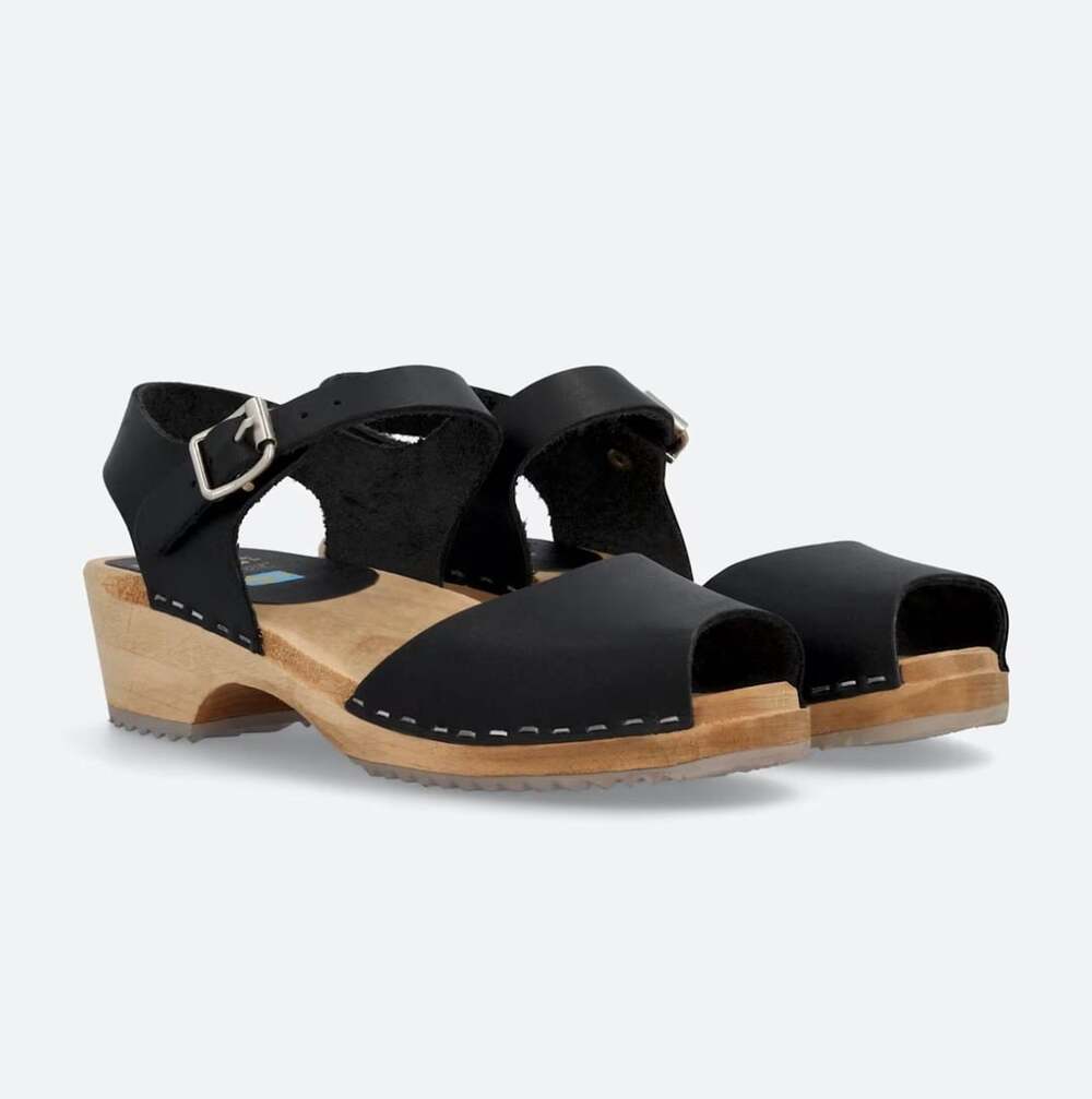 MIA Anja Clog Sandals Size 40 Black Leather Swedish Wooden Heels